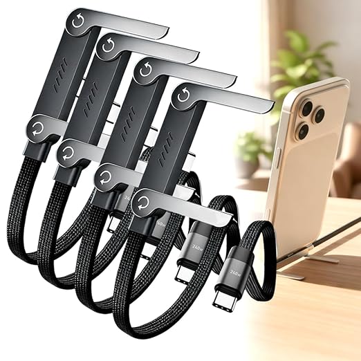 2026 Upgrade 240W Braided Fast Charge Cable with Built-in Phone Stand T-Shaped Foldable Durable USB-C Cord 90 Degree USB C Cable Right Angle Multi-Functional Charger Cord, 4.9FT (4pcs)