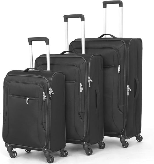3pcs Set Softside Luggage Sets With Spinner Wheels, Expandable Softshell Suitcase Set with front pocket, 28inch, 24inch,20inch Lightweight fabric luggage(BLACK)