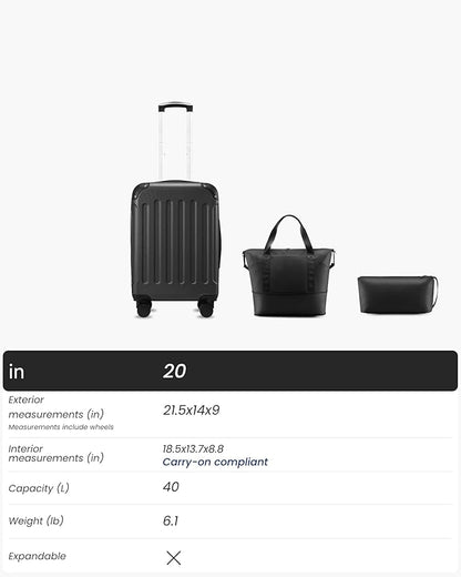 Carry On Luggage 22x14x9 Airline Approved, Hardside Suitcase with Wheels, TSA Approved, Tote Bag, Black