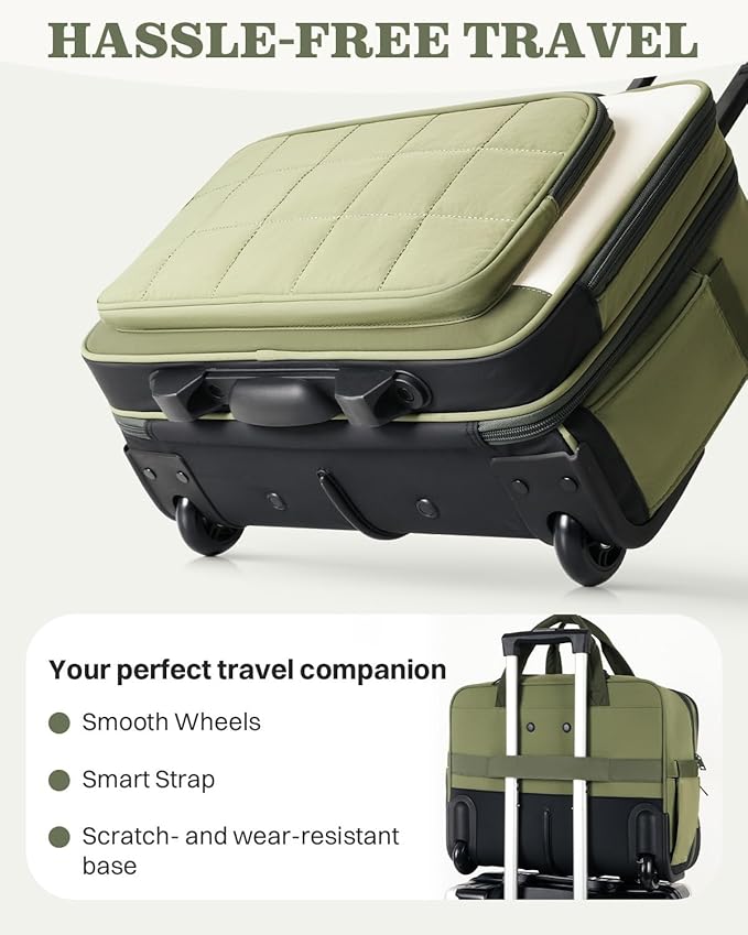 Rolling Puffer Laptop Bag, Rolling Briefcase for Women, Wheeled 16 Inch Computer Bag, Water Resistant Stylish Overnight Underseat Carry On Luggage with Wheels for Work Travel Business, Green