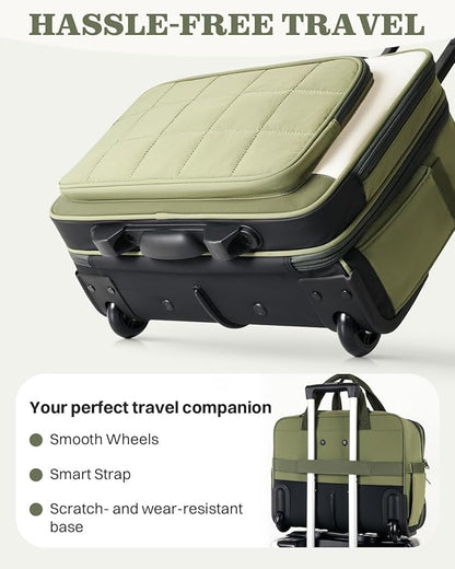 Rolling Puffer Laptop Bag, Rolling Briefcase for Women, Wheeled 16 Inch Computer Bag, Water Resistant Stylish Overnight Underseat Carry On Luggage with Wheels for Work Travel Business, Green