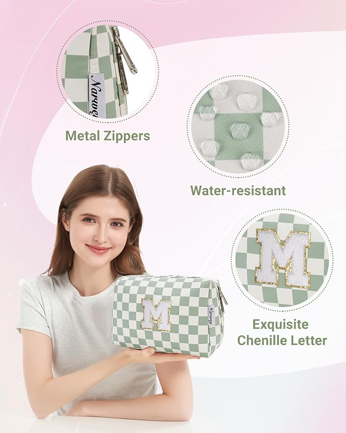 Narwey Birthday Gifts for Women Girls, Initial Makeup Bag for Bridesmaid Teacher Sister Friend Daughter Graduation Gifts, Personalized Monogram Cosmetic Toiletry Bag, Teen Girls Trendy Stuff (Green M)
