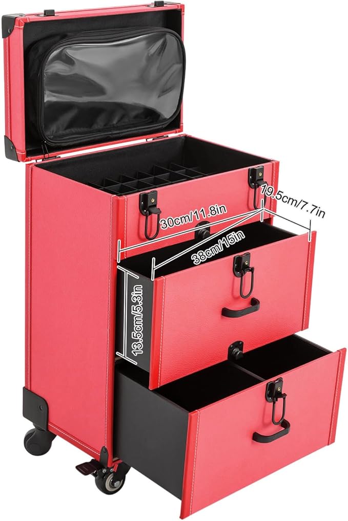 Rolling Makeup Case w/ 2 Keys, 3-tier Lockable Makeup Train Case w/ Drawers, Removable Baffle Nail Polish Organizer, Travel Cosmetic Case w/ 15-34in Telescopic Rod, 14.2*9*39.76in, Black Latch+Rose