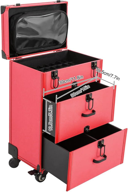 Rolling Makeup Case w/ 2 Keys, 3-tier Lockable Makeup Train Case w/ Drawers, Removable Baffle Nail Polish Organizer, Travel Cosmetic Case w/ 15-34in Telescopic Rod, 14.2*9*39.76in, Black Latch+Rose