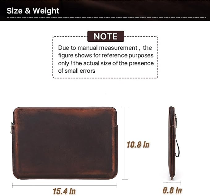 Top Grain Leather 15.4" Slim Laptop Sleeve Case Bag, Vintage Design with 2 Zip Pocket, Handmade, Compatible with MacBook Pro 15.4" Retina 2.6GHz ThinkPad 15.6" & Other PC, Coffee 15.4 Inch