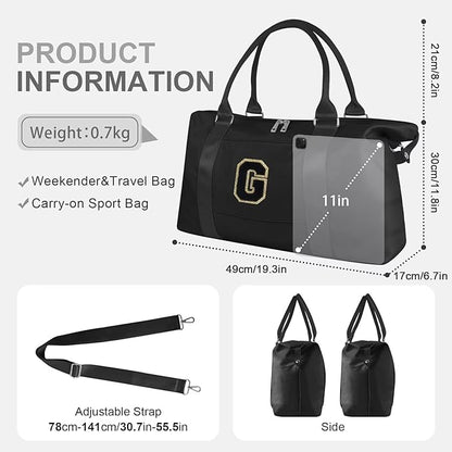 Dance Gym Duffel Bag for Teen Girls, Personalized Initial Travel Weekender Bag,Cute Overnight Carry On Duffle for Women,Sports Travel Cheer Bag,Monogram Christmas Gifts for Tween Preppy(black-G)