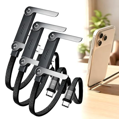 240W Braided Fast Charge Cable With Built-in Phone Stand, 2026 New T-Shaped Foldable Durable USB-C Cord, 90 Degree USB C Cable Right Angle Multi-Functional Charger Cord, Type-C to Type-C (3Pcs)