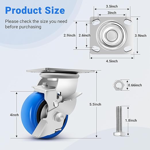 W B D WEIBIDA 4 Inch Heavy Duty Casters, Smooth Rolling Caster Design for Cart Wheels, 2500 LBS Industrial Grade Castors with Upgraded Thickened Bracket, Durable Castors (4 Brake)