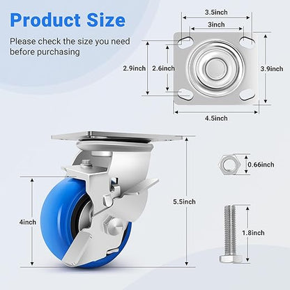 W B D WEIBIDA 4 Inch Heavy Duty Casters, Smooth Rolling Caster Design for Cart Wheels, 2500 LBS Industrial Grade Castors with Upgraded Thickened Bracket, Durable Castors (4 Brake)