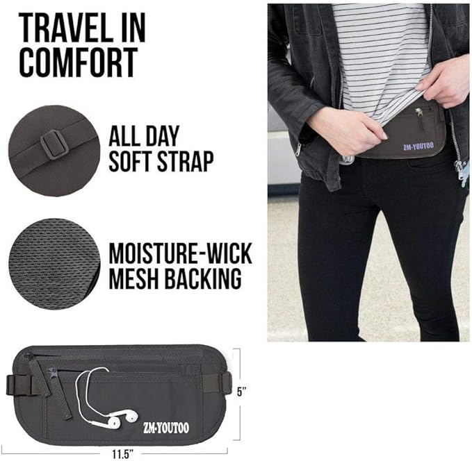 Money Belt for Travel - Hidden Travel Pouch Protect Your Credit and Money With RFID Blocking Passport Holder Waist Wallet (gray)