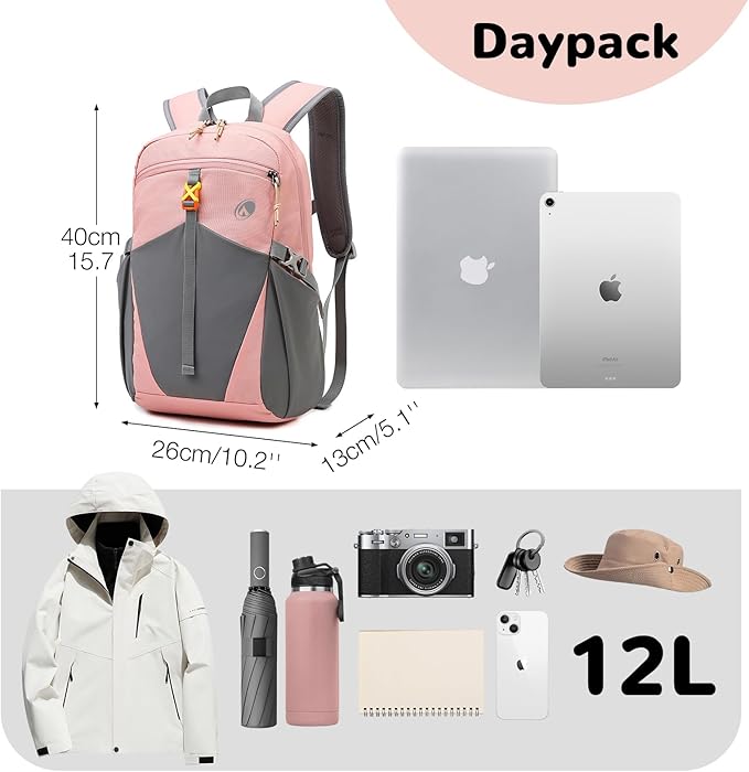 12L Small Hiking Backpack with Padded Strap for Women, Mini Lightweight Travel Backpack for Kids, Pink