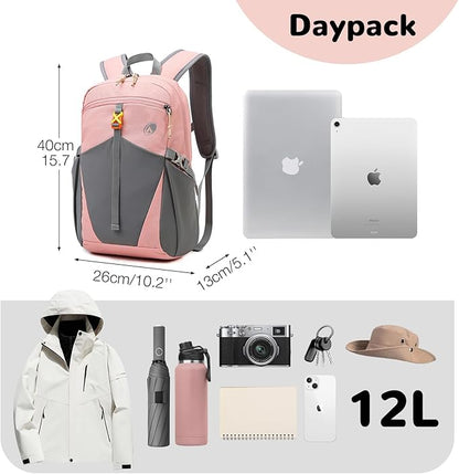 12L Small Hiking Backpack with Padded Strap for Women, Mini Lightweight Travel Backpack for Kids, Pink