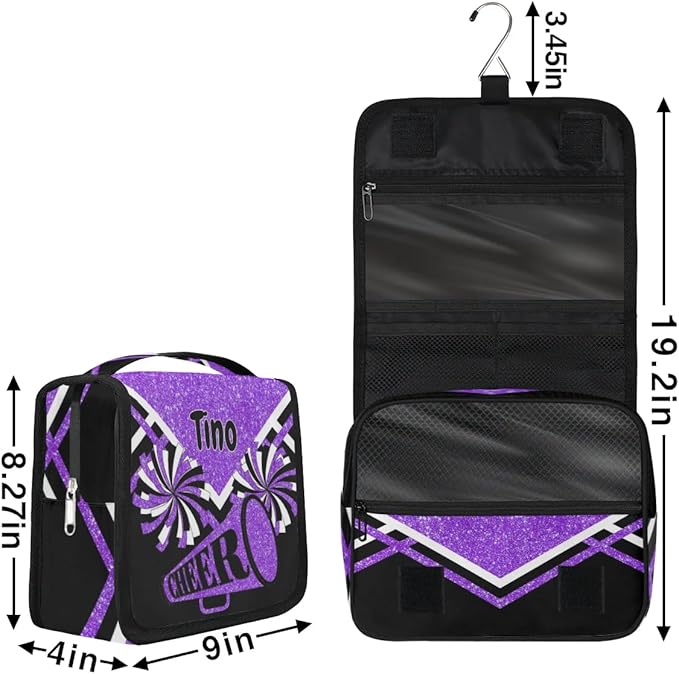 Personalized Hanging Toiletry Bag for Women, Cheerleading Large Capacity Travel Custom Name For Mothers Day, Birthday, Anniversary, Wedding, Purple Black Glitters