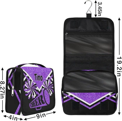 Personalized Hanging Toiletry Bag for Women, Cheerleading Large Capacity Travel Custom Name For Mothers Day, Birthday, Anniversary, Wedding, Purple Black Glitters