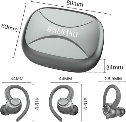 Wireless Earbuds, Bluetooth 5.4 Headphones Sport, Over Ear Buds with ENC Noise Cancelling Mic, 48H, Wireless Earphone with Earhooks, Stereo Deep Bass, IP7 Waterproof Ear Bud for Workout Running, Grey