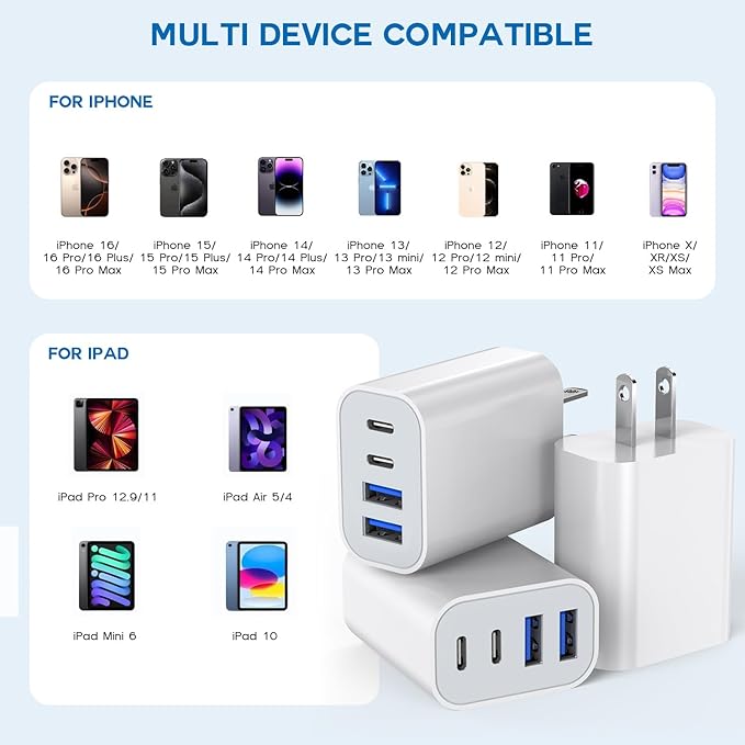 35W Apple iPhone 17 16 Pro Adapter,3Pack 4-Port Quick Charger Block USB C MultiPort PD Plug Adapter+QC Double Type C Adapter Fast Charging for iPhone 17 Air/17 Pro Max/16e/15/15 Pro/14/13/12/11/X/iPad