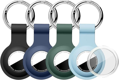 Upgraded for AirTag Holder with Clear Cover Full Coverage Case Keychain for Air Tag, Silicone for AirTags 4 Pack for Apple Holder GPS Tracker Item Tag Finders, Black/Blue/Green/Light Blue