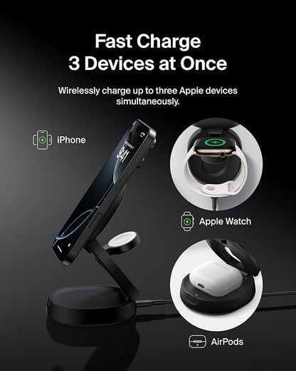 Belkin MagSafe Charger Compatible, 3-in-1 Qi2 15W Wireless Charging Station, Convertible Wireless Charger for iPhone 17, Apple Watch, AirPods, Pixel 10, Phone Stand for Travel w/ 36W Adapter - Black