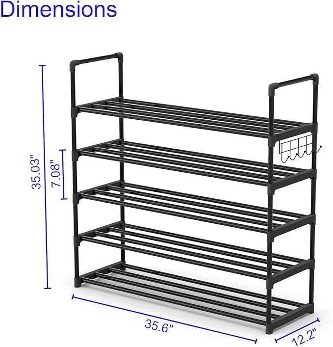 5 Tiers Metal Shoe Rack,Adjustable Shoe Shelf Storage Organizer with Hooks,Stackable Boot & Shoe Storage,for Entryway,Hallway,Closet,Black
