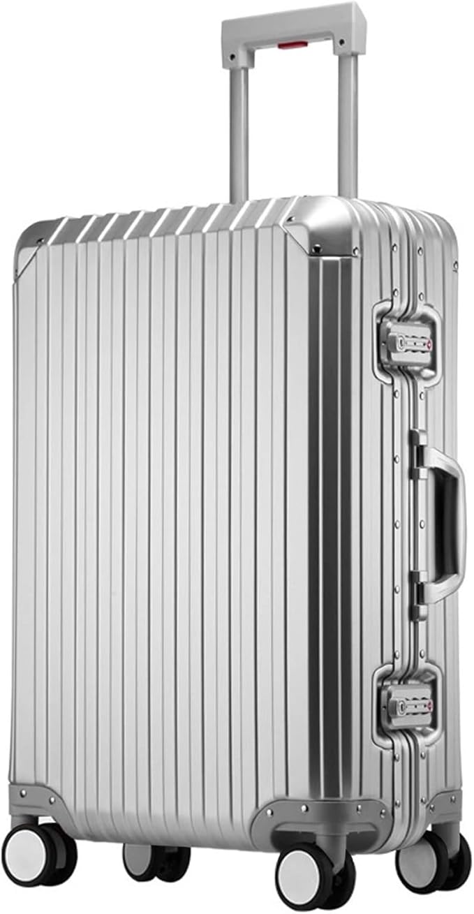 Oblique Angle Metal All Aluminum Magnesium Alloy Material Carry-on Luggage TSA Customs Lock Zipperless Silent Rotary Wheel Business Suitcase Set (silvery, 26 '')