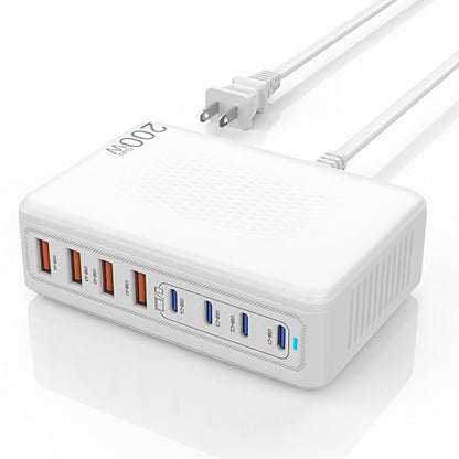 USB C Charger Block,200W Type C Charger Fast Charging,8 Port USB C & A Charging Station GaN III Desktop Hub Block Laptop Adapter for Apple iPhone Air/17/16/15,iPad Pro/Air/Mini,MacBook Pro/Air,Samsung