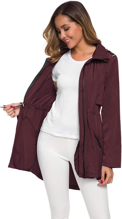 Avoogue Women's Long Raincoat with Hood Outdoor Lightweight Windbreaker Rain Jacket Waterproof