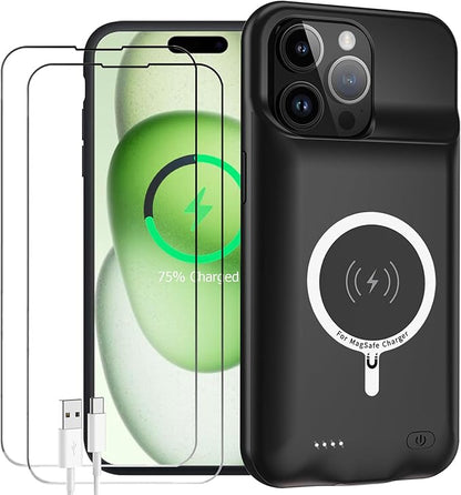 Battery Case for iPhone 15 Pro, Full Encircle 10000mAh High Capacity Rechargeable Portable Charger Case Extended Battery Pack for iPhone 15 Pro(6.1 inch) Wireless Charging Case with Carplay-Black