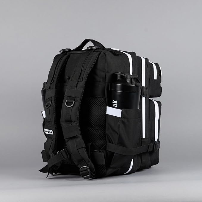 WOLFpak 35L Athletic Gym Backpack - Durable 1000D Waterproof Oxford Material with MOLLE Webbing, Laptop Pocket & Dual Cup Holders, Durable Fitness/Travel/Military Daypack (Alpha Black White Accents)