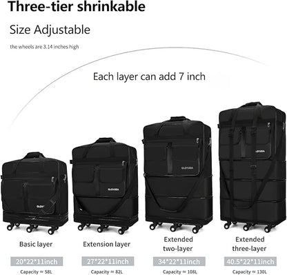 130L Expandable Luggage, 40 Inch Suitcase with Wheels, Collapsible Luggage with Wheels, Rolling Duffle Bag with wheels, Foldable Suitcasewith2Handle Wrap 2Fixing Straps 1Shoulder Strap (Black)