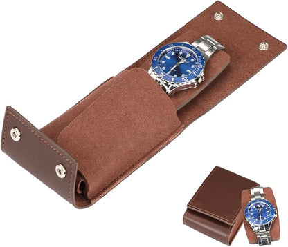Travel Watch Case - Leather Watch Pouch with Velvet Lining, Single Case, Unisex | Business Travel and Office Christmas Gift (Brown