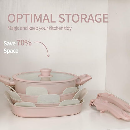 23pcs Ceramic Pots and Pans Set, Nonstick Detachable Handle Cookware, Induction Kitchen Cooking Set with Removable Handle,include Frying Pans & Saucepans Oven Safe(Pink)