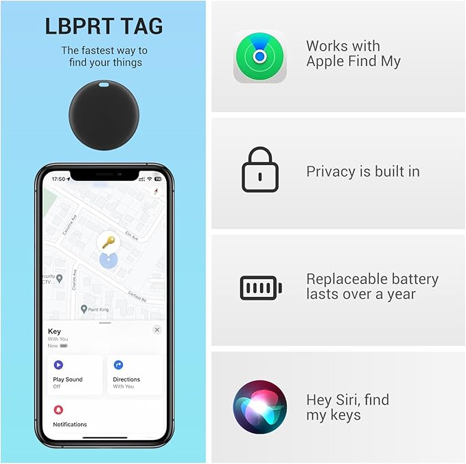 [Apple MFi Certified] LBPRT Air Tracker Tag 1 Pack, Smart Key Finder Work with Apple Find My (iOS Only, Android not Supported), Bluetooth Item Locator for Luggage Suitcase, Wallet. Replaceable Battery