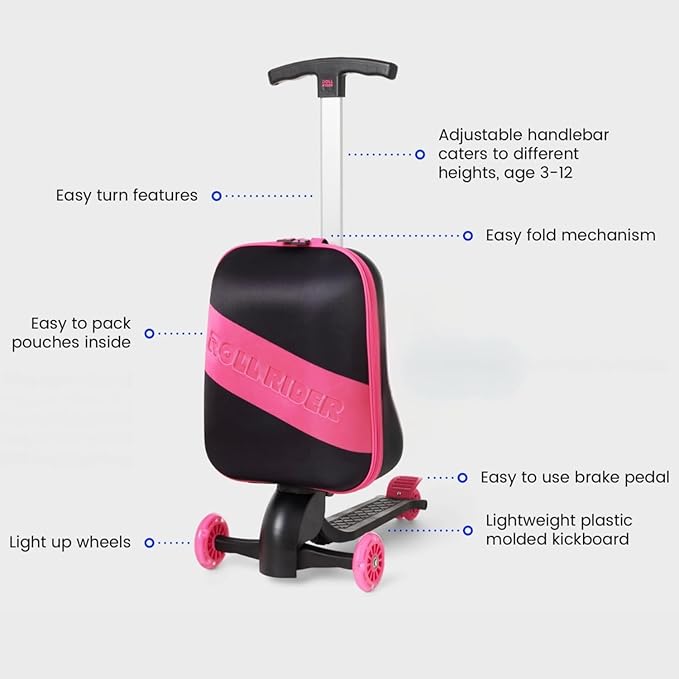 Kids Scooter Luggage - 2-in-1 Ride-On Suitcase with Light-Up Wheels & Adjustable Handle|Carry-On Approved & TSA-Friendly| Fun, Durable, Lightweight Travel Scooter for Boys & Girls Ages 3-10
