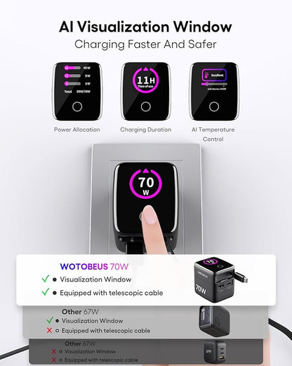 WOTOBEUS PD 70W/65W GaN USB-C Wall Charger with Retractable Cable & AI Digital Display - Travel Laptop Power Adapter, PPS 45W 25W Fast Charging for iPhone 17 16, iPad, MacBook, Galaxy S25, Pixel
