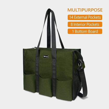 TOPDesign Utility Water Resistant Tote Bag with 22 Pockets, Top Zipper Closure & Thick Bottom Support, for Working Women