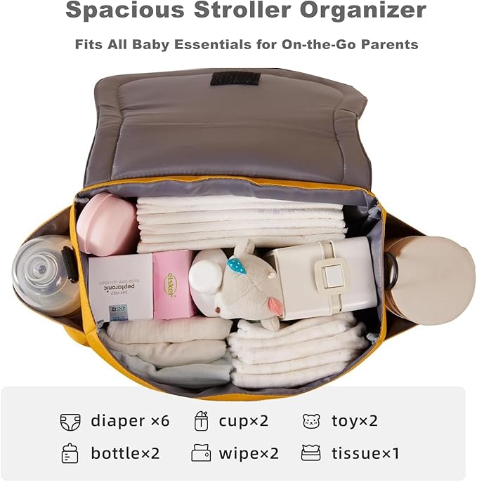 SUNVENO Kitty Stroller Organizer Bag – Universal Baby Stroller Caddy with 2 Cup Holders, Adjustable Straps, Waterproof Oxford, Lightweight Travel Accessory for Strollers, Prams & Pushchairs,Yellow