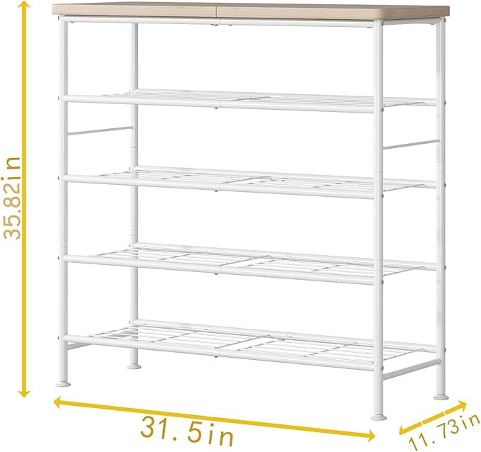 SUOERNUO Shoe Rack Organizer 5 Tier for Closet Entryway Free Standing Metal Storage Shoe Shelf with MDF Top Board，White+Oak