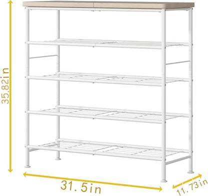 SUOERNUO Shoe Rack Organizer 5 Tier for Closet Entryway Free Standing Metal Storage Shoe Shelf with MDF Top Board，White+Oak