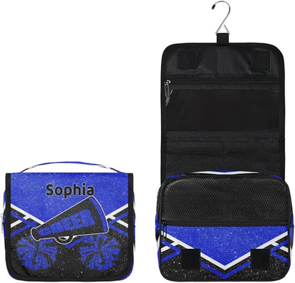 Personalized Travel Cheerleading Toiletry Hanging Bag Waterproof Bags, Custom Name Cosmetic Makeup bag Toiletries Organizer Container Bag, Royal Blue Black Glitters Effect