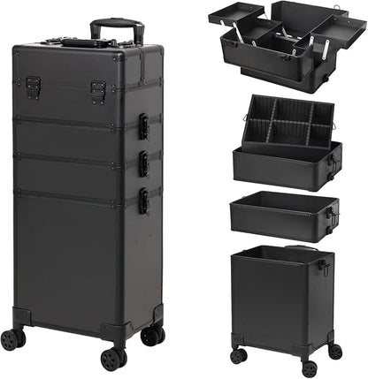 Professional Rolling Makeup Case, Cosmetology Case on Wheels 4 in 1 Large Cosmetic Train Case, Ideal Gift for Hairstylist, Nail Techs, Portable Beauty Organizer for Travel or Salon Use,Black