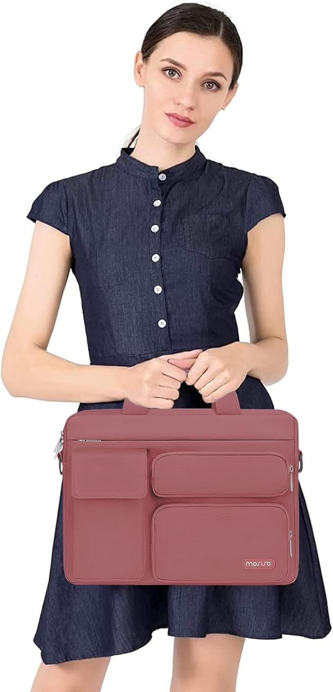 MOSISO Laptop Shoulder Bag 15.6 inch, 15-15.6 inch Computer Bag Compatible with MacBook Pro 16 inch, HP, Dell, Lenovo, Notebook with 2 Raised&1 Flapover&1 Horizontal Pocket&Handle&Belt, Dusty Rose