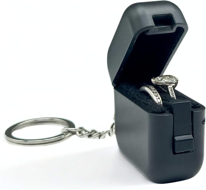 Ultra Slim Ring Case with Keychain – Portable Gym Jewelry Box, Compact Travel Ring Holder, Small Black Jewelry Organizer for Women and Men(1.4 x 1.4 x 0.7 in)