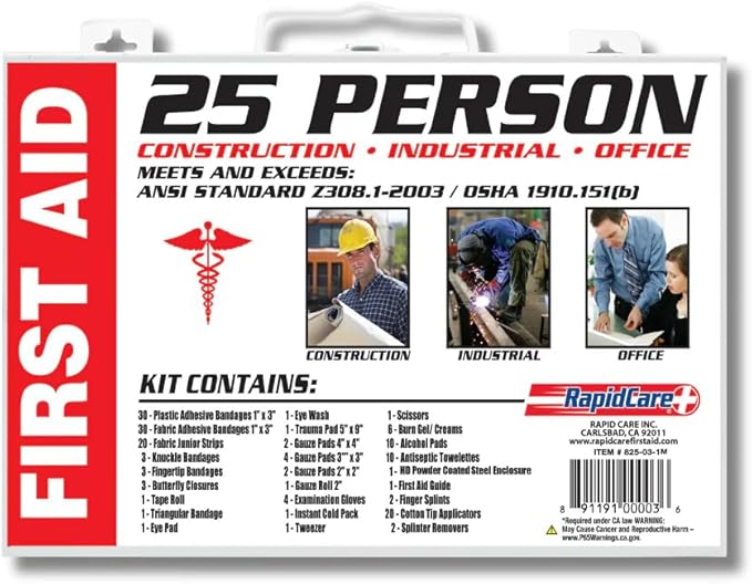 Rapid Care 25-Person First Aid Kit, OSHA ANSI 2003 Compliant, 166 Piece Workplace First Aid Kit in Heavy Duty Metal Case, FDA Inspected, Emergency Medical Kit for Home, Office and Job Sites