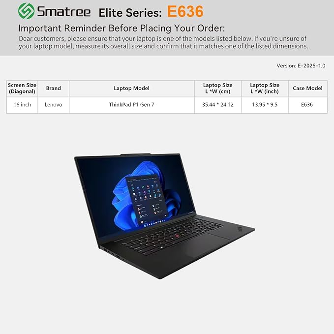 Smatree Laptop Sleeve for 16 inch Lenovo ThinkPad P1 Gen 7 Mobile Workstation, Lenovo Laptop Case with Accessory Pocket, YKK Zipper, Patented Super-Corner Design(E636)