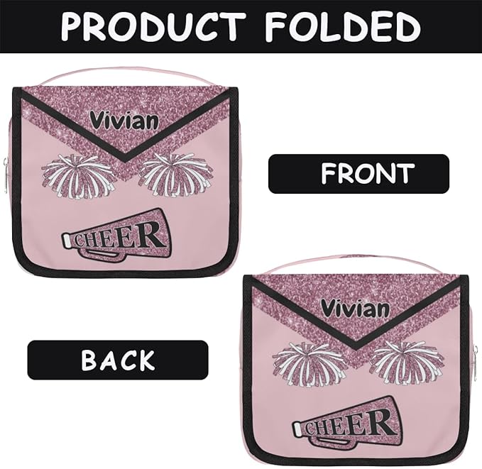 Custom Name Cheer Toiletry Bag Travel Bag with Hanging Hook, Makeup Cosmetic Bag Travel Full Sized Container Organizer for Shampoo, Toiletries, Dark Pink Glittering Cheerleading
