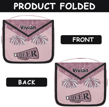 Custom Name Cheer Toiletry Bag Travel Bag with Hanging Hook, Makeup Cosmetic Bag Travel Full Sized Container Organizer for Shampoo, Toiletries, Dark Pink Glittering Cheerleading
