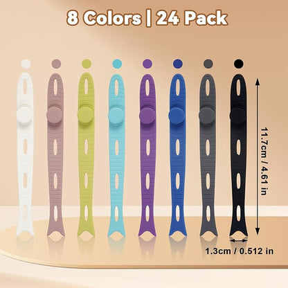 24-Pack Reusable Fish-Shape Silicone Cable Ties – 8 Colors, 4.7” Adjustable Cord Organizers for Cords & Electronics, Cord Wraps for Charging Cables, Cable Management for Home & Office