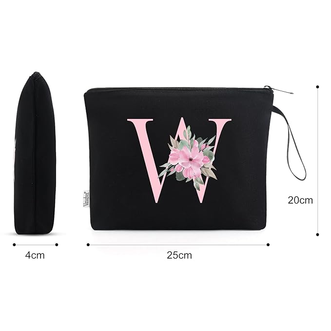Vavabox A-Z Personalized Makeup Bag, Birthday Gifts for Women Mom, Gifts for Best Friend, Bride Bridesmaid Cosmetic bag (W, Black)