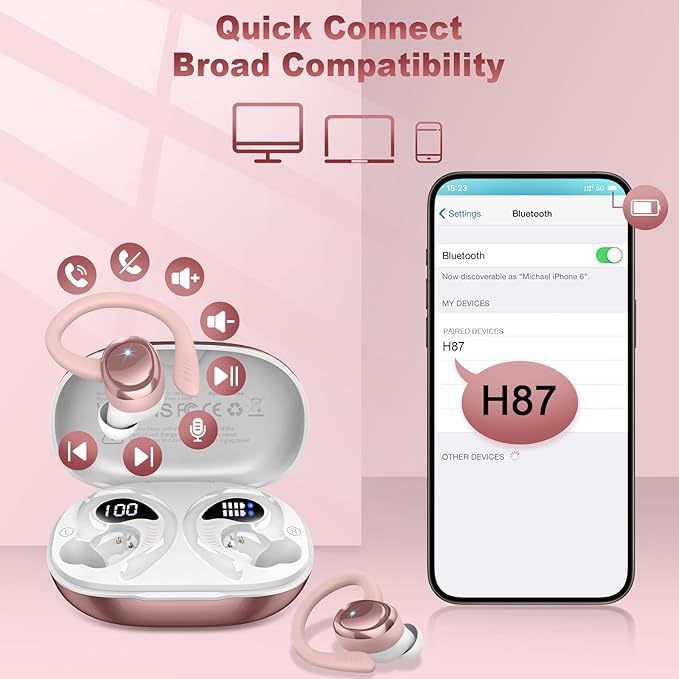 Wireless Earbuds Sport, New Bluetooth 5.4 Headphones with Earhooks, 50H Stereo Deep Bass Over Ear Buds with 4 ENC Noise Canceling Mics, IP7 Waterproof Earphones for Running Workout Gym -Rose