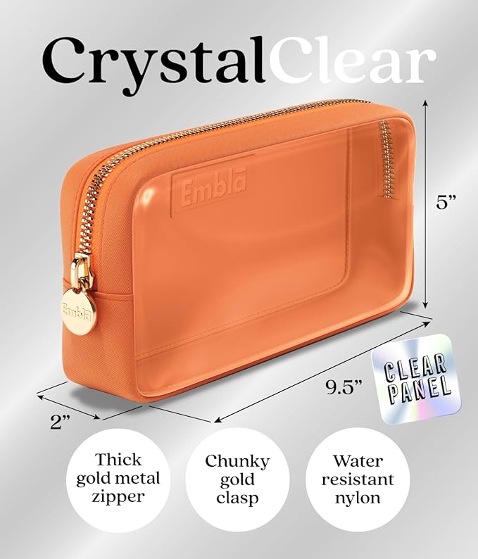 Embla London Makeup Bag Cosmetic Case, Clear Zipper Make Up Pouch and Toiletry Travel Tote, Cute Skincare Pouches for Women Girls, Preppy Purse Cosmetic Organizer, Mini Small Makeup Bags, Peach